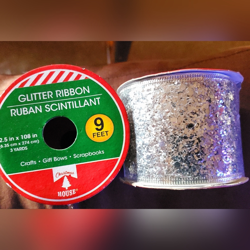 Lot of two glitter wired silver Ribbons Spools